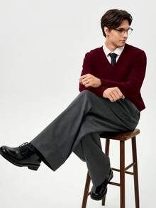 Calvornis Men's Solid Color Ribbed Knitted Long Sleeve Cardigan Sweater, Fall/Winter - Burgundy - View 3