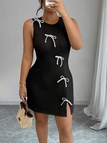 Elenzga 大码女式蝴蝶结装饰圆领无袖侧开衩下摆时尚连衣裙 - 黑色 - 查看 5