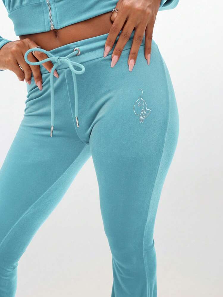 BABYPHAT Low Rise Velour Sweatpants With Rhinestone Embellished Details Drawstring Waist Flare Leg Lounge Pants For Women Holiday Party Comfort 2 Piece Lounge Set Woman Club Two Piece Set Blue 2 Piece Set Women Two Piece Outfits Chill 2 Piece Set