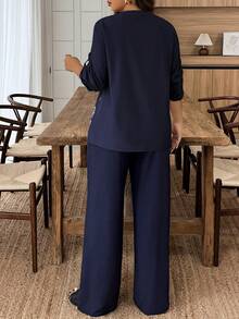 Weeklong Bộ 2 món thanh lịch áo cổ khoét chữ V và quần ống rộng cỡ lớn - Màu xanh hải quân - Xem 2