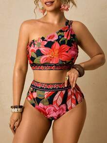 Travachic Bộ bikini cỡ lớn in họa tiết nhiệt đới, khoét eo, kiểu cổ yếm, thích hợp cho kỳ nghỉ hè trên bãi biển. - màu đen - Xem 5
