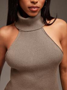 Denimoi Áo len cổ cao không tay có khoen tròn, áo quây, áo hở lưng, áo len cổ lọ. - Lạc đà - Xem 9