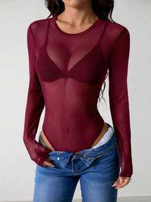 SHEIN PETITE 透视网纱连体衣，不含内衣 - 酒紅色 - 查看 4