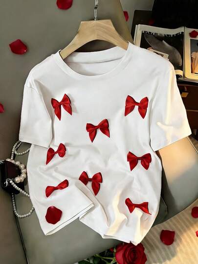 Resyla 女士休闲H型圆领3D蝴蝶结短袖粉色T恤，夏季款