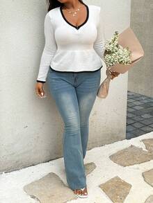 Sunnyshic Plus Size Ruffled Waist Slim Fit Long Sleeve Knit Sweater, Suitable For Spring, Autumn & Winter - White - View 4