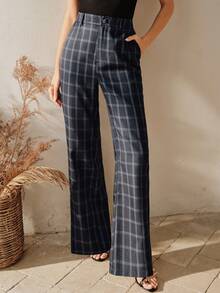 Anewsta 优雅格纹女式长裤，精致优雅的日常穿着之选 - 藏蓝色 - 查看 1