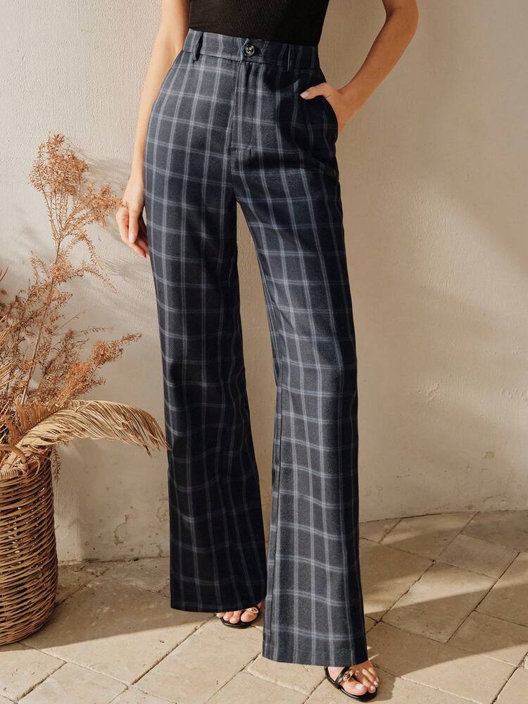 Anewsta Women's Navy Plaid High-Waisted Wide-Leg Pants, Elegant Spring/Summer Casual & Formal Office Wear Trousers