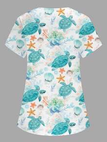 PopScrub Women's Healthcare V-Neck Short Sleeve Nurse Uniform Top,Cute Marine Life Turtle Starfish Shell Print,Functional Multi-Pocket Lab Work Wear,Casual - White - View 2