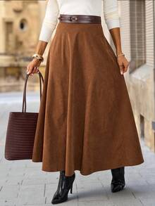 Solivie Falda larga de unicolor para mujer, de moda para el transporte en otoño - Marrón - Ver 7