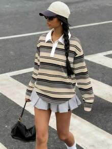 Muchica Áo thun polo tay dài cổ trễ vai kẻ sọc thường ngày dành cho nữ - Nhiều màu - Xem 1