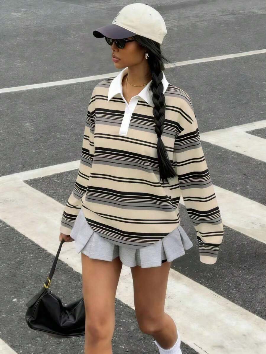 Muchica Áo thun polo tay dài cổ trễ vai kẻ sọc thường ngày dành cho nữ - Nhiều màu - Xem 1