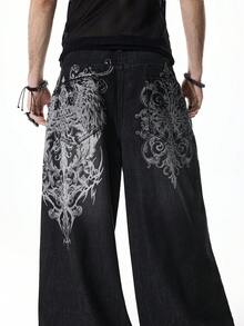 ROMWE MEN Street Life Spring Casual Graphic Men'S Fashionable Street Graphic Print Loose Wide-Leg Jeans - Grey - View 2