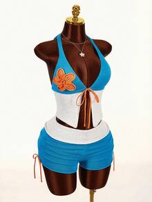 Amplova Conjunto de 2 peças com top de decote halter de tricô com flor 3D em contraste de cor e shorts de tricô de cintura baixa, novo em 2026 - Multicolorido - Visão 3