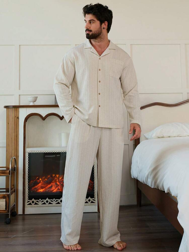 Spring Solid Color Striped Beige Men's Pajama Set