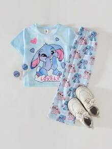 THE HAPPY LOOK 2pcs/Set Young Girl Cartoon Animal Print Knit Soft Round Neck Short Sleeve Top And Elastic Waist Pants - Multicolor - View 7