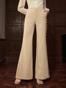 ZEYLAH Quần ống loe cài nút màu trơn cho nữ Niche Design - Màu be - Xem 4