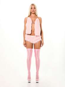 SUMWON WOMEN 奢华毛绒露背吊带短款上衣，深V领口，后背系带设计，适合情人节夜店派对穿着。 - 淺粉色 - 查看 3