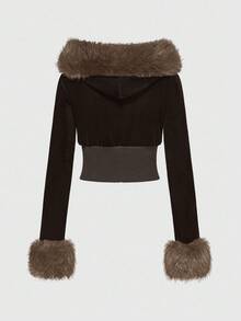 ROMWE J-Fashion 2pcs Y2K Velvet Rhinestone Embellished Sweatshirt Set For Women, Autumn/Winter - Brown - View 6