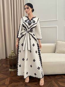 Al Najma 女士优雅几何印花阿拉伯风格连衣裙 - 黑與白 - 查看 2