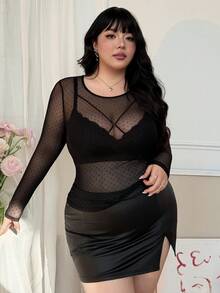 CovetEZ 大码女式时尚性感透视波点网纱上衣情人节 - 黑色 - 查看 5