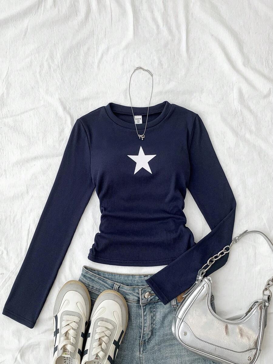 SHEIN Tween Girls Solid Color Star Pattern Pleated Camisole, Suitable For Casual Wear - Navy Blue - View 1