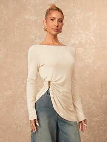 Lumalex 女士纯色船领长袖褶皱时尚T恤 - 杏色 - 查看 7