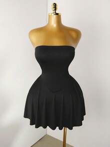 Mistrie 女士纯色荷叶边修身无袖夏季连衣裙 - 黑色 - 查看 5