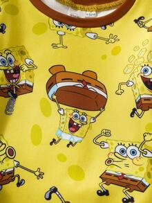 SpongeBob SquarePants | SHEIN Set de pijama de 2 piezas con top de manga larga de cuello redondo y leggings de estilo casual para bebé niño - Amarillo - Ver 3