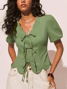 Poéselle 女士休闲绿色泡泡袖系带棉质外出上衣，优雅，适合海滩、度假，春夏绿色上衣 - 綠色 - 查看 5