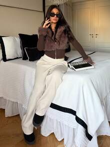 Ronhire Fashionable Street Style Faux Fur Zipper Long Sleeve Jacket For Women,Fall Clothes