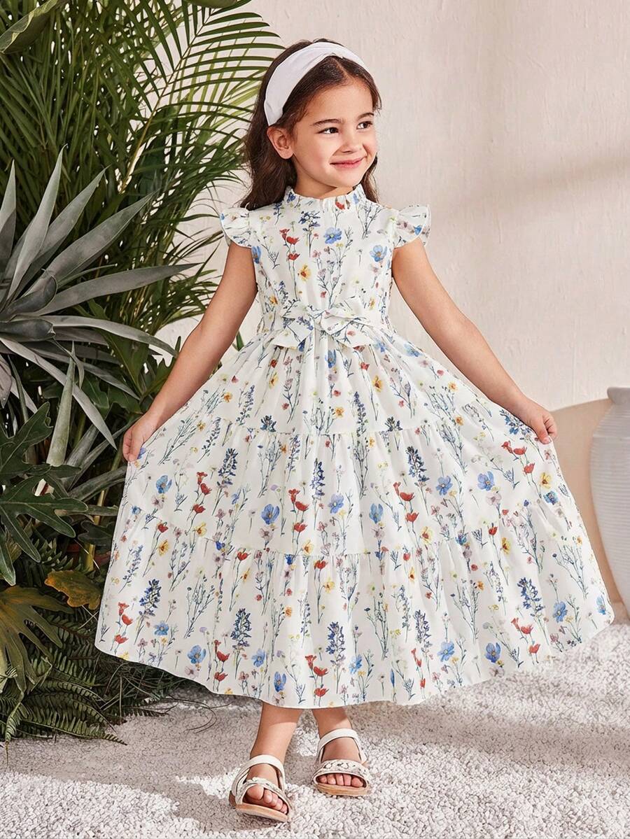 Emery Rose Kids Young Girl Chiffon Ditsy Ditsy Floral Ruffle Hem Sleeveless Dress With Stand Collar, Back To School Mommy And Me Girls Heart Print Shirt Tween Girls T Shirts White Top For Kids Cute Tops For Kids Long Sleeve Shirts Girls,Valentine's Day - Khaki - View 1