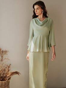 Anewsta Women's Middle Eastern Party Elegant Elegant Waist Ruffle Sleeve Straight Pleated Embroidered Light Green 2-Piece Set - Green - View 1