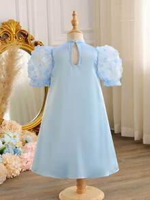 SHEIN Glamorique Kids 女童蝴蝶结装饰3D立体花卉网纱泡泡袖连衣裙 - 淺藍色 - 查看 2