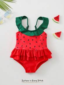 Cozy Pixies 夏季限量版！女婴可爱荷叶边西瓜连体泳衣 - 紅色 - 查看 7