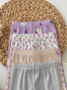 SHEIN Newborn Baby Girl Cute Casual Knitted Elastic Cartoon Pattern Drawstring Waist Pants (Sold Separately) - Multicolor - View 7