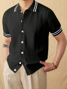 Manfinity Homme Men's Striped Short Sleeve Single-Breasted Casual Knit Top - Black - View 4