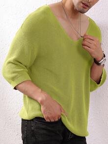 Manfinity Homme Men's Casual V-Neck Loose Fit Solid Color Pullover Sweater, Versatile For Daily Commute, Autumn/Winter Men Sweater Top Men V Neck Sweater Olive Green Men Top Men Green Sweater Men Knit Tops - Mint Green - View 7