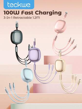 Teckwe 3-in-1 100W 急速充電ケーブル & 引き込み式ワンツースリーケーブル、iPhoneおよびシリーズと互換性のあるTPE充電データライン、iPhone、Android、カメラ、MP3ユニバーサルアダプターと互換性のある高効率充電ケーブル
