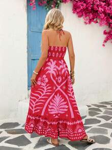 Vivid Eden Urlaubs-Chiffon-Kleid mit Rückenausschnitt und Muster für Frauen, Frühling/Sommer - Heißes Pink - Übersicht 2