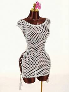 Amplova Cubrecosturas de traje de baño de mujer con adorno de encaje soluble en agua, crochet transparente con cordón, sexy y apropiado para usar en resorts y atuendos de playa - Albaricoque - Ver 3