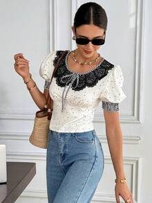 SHEIN Frenchy Women's Elegant Black White Polka Dot Summer Blouse,French Retro Peter Pan Collar Bow Tie Puff Sleeve Top,Brunch Vacation Casual Lace Gingham Trim - Multicolor - View 6