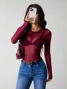 SHEIN PETITE 透视网纱连体衣，不含内衣 - 酒紅色 - 查看 5