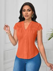 Lyxana 优雅蕾丝拼接波浪条纹短袖女式衬衫 - 亮橙色 - 查看 6