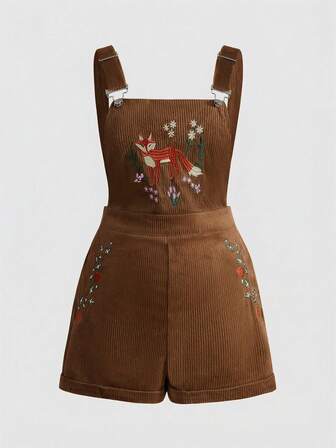 Fairycore Tuta in velluto a coste con ricamo di volpe retrò, taglie comode