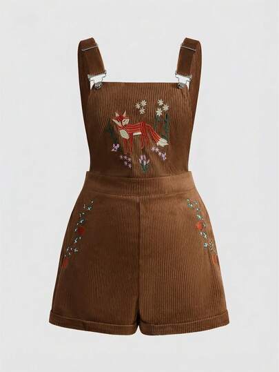 Fairycore Combinaison en velours côtelé avec broderie de renard de la forêt, grande taille