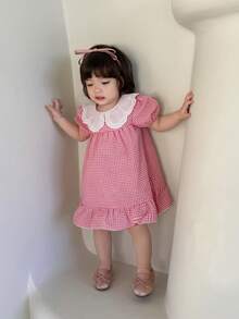 1pc Baby Girls' Summer Pink Checkered Puff Sleeve Dress,Delicate White Embroidered Collar,Loose Fit Ruched Hem,Sweet Cute Pastoral Picnic Dress,2025 - Pink - View 4