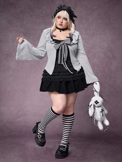 Goth Plus Size Women Contrast Lace Bow Decor Long Sleeve 2 In 1 Fashionable Top