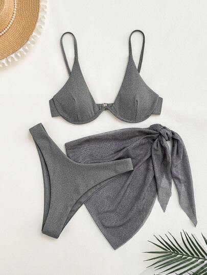 Swim Basics 三件套：纯色钢圈比基尼上衣，系带裙式比基尼下装