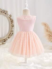 SHEIN Bộ váy cho bé gái 6 tháng-3 tuổi, 2 món đồ mặc hàng ngày dễ thương và thoải mái, kiểu dáng mùa xuân, váy công chúa màu hồng không tay phồng. - Hồng - Xem 9