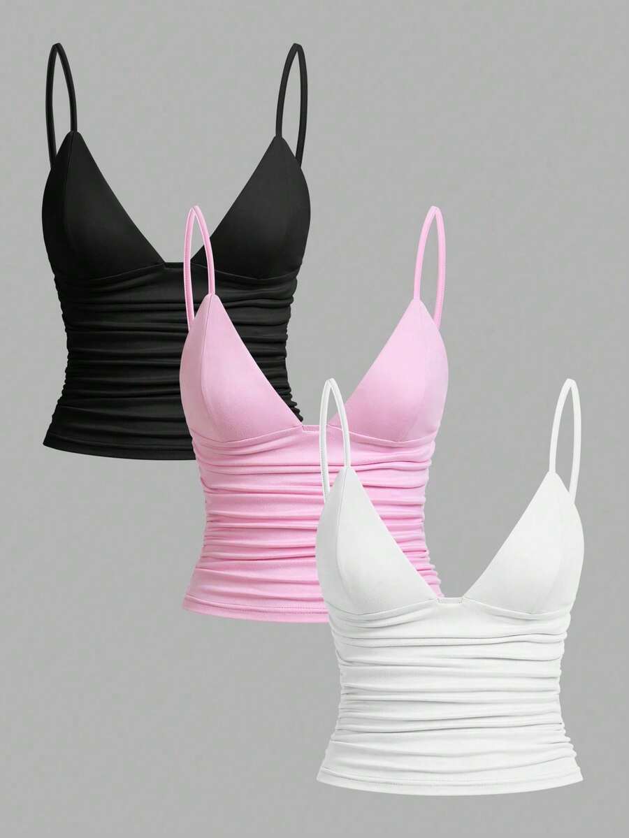 SHEIN EZwear 3pcs Casual Women Ruched Fitted Spaghetti Strap Camisole With Shelf Bra, Suitable For Summer - Multicolor - View 1
